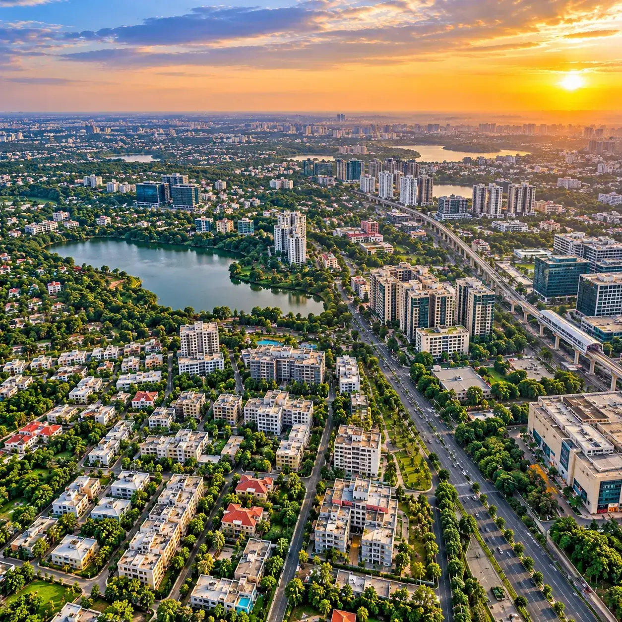 Aerial view of Bengaluru-style neighbourhoods with apartment towers, villas, a lake and an elevated metro line at sunset