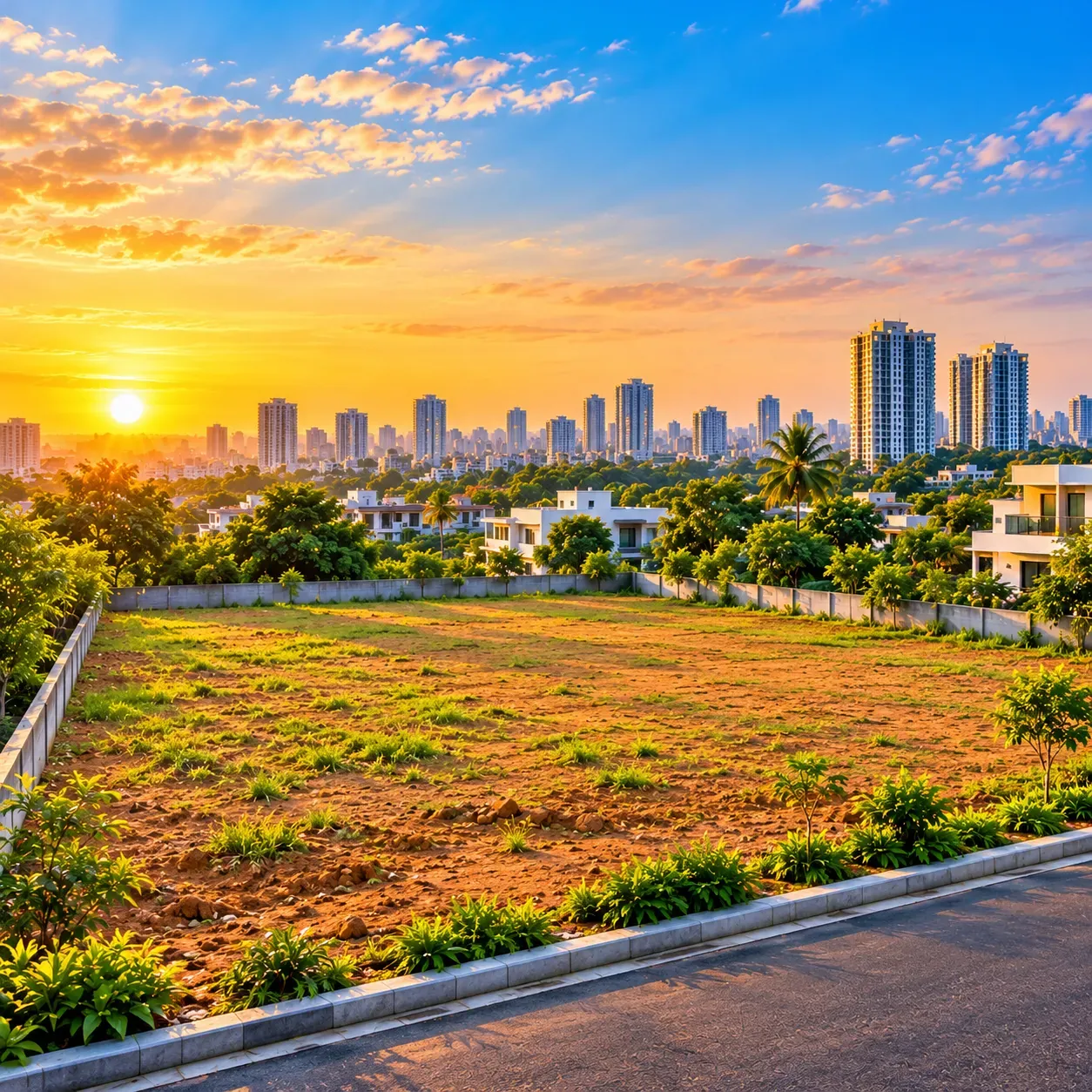 An empty villa plot bounded by a low wall at sunset, with homes and apartment towers on the skyline