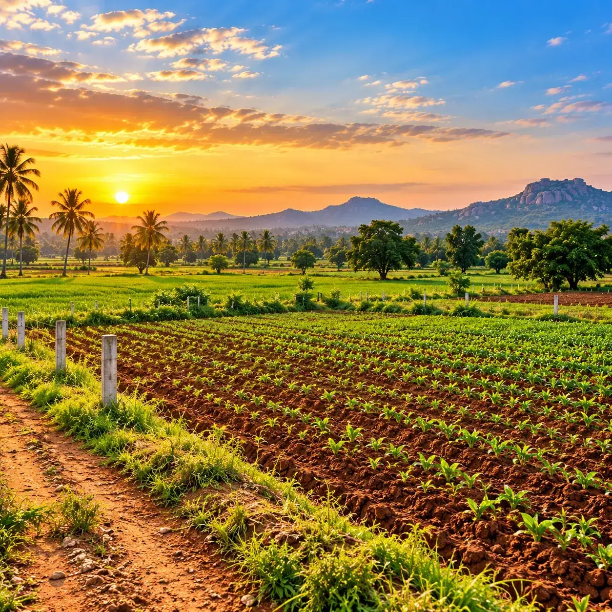 Cultivated farmland with young crops, palm trees and rocky hills at sunset in Karnataka