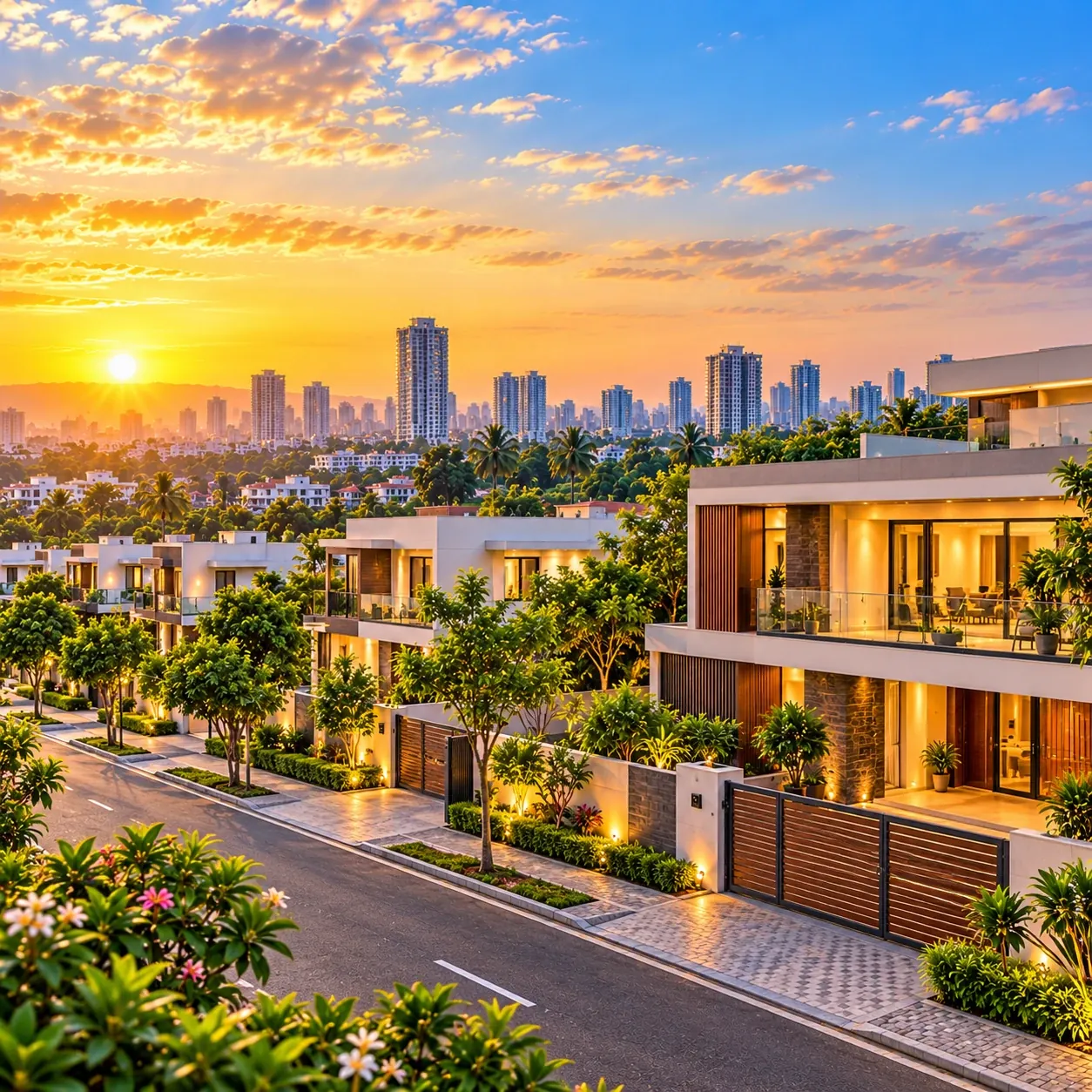 A row of modern villas on a landscaped street with a city skyline at sunset