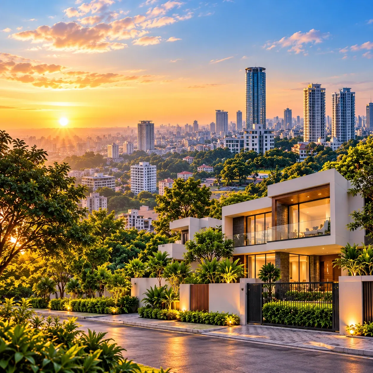 A modern villa in a landscaped residential street with a city skyline at sunset